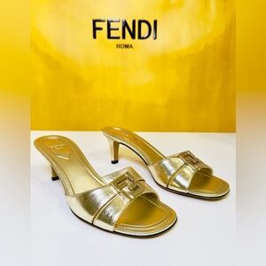 Fendi FFold Metallic Leather Kitten-Heel Sandal Light Gold Open Toe Slide Size36